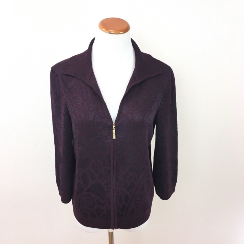 ST. John Knit Wool Blend Zip Up Pattern Purple Burgundy Jacket Women’s Sz Small
